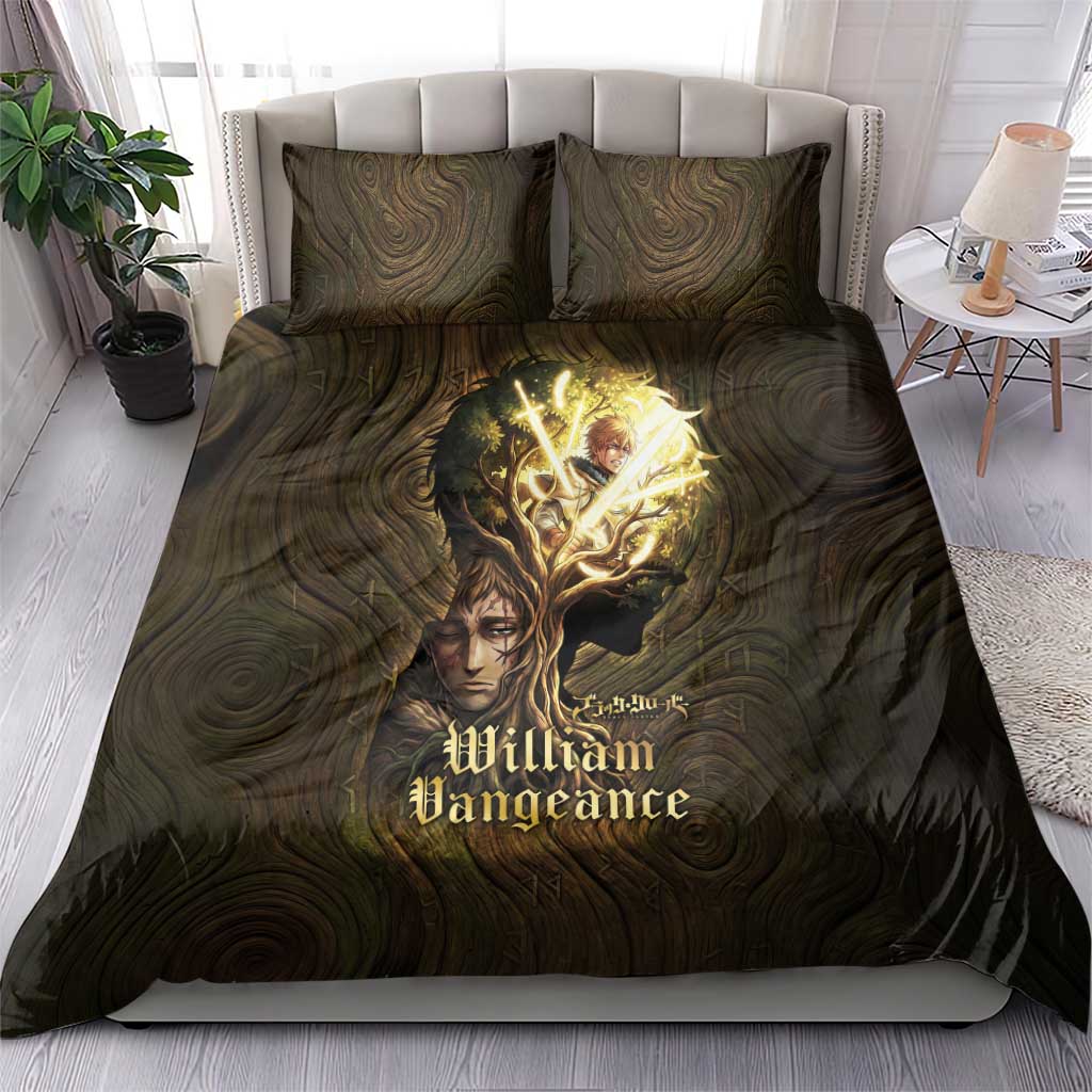 William Vangeance Black Clover Bedding Set Enchanted Woodgrain Style with Duality and Golden Mask Motif