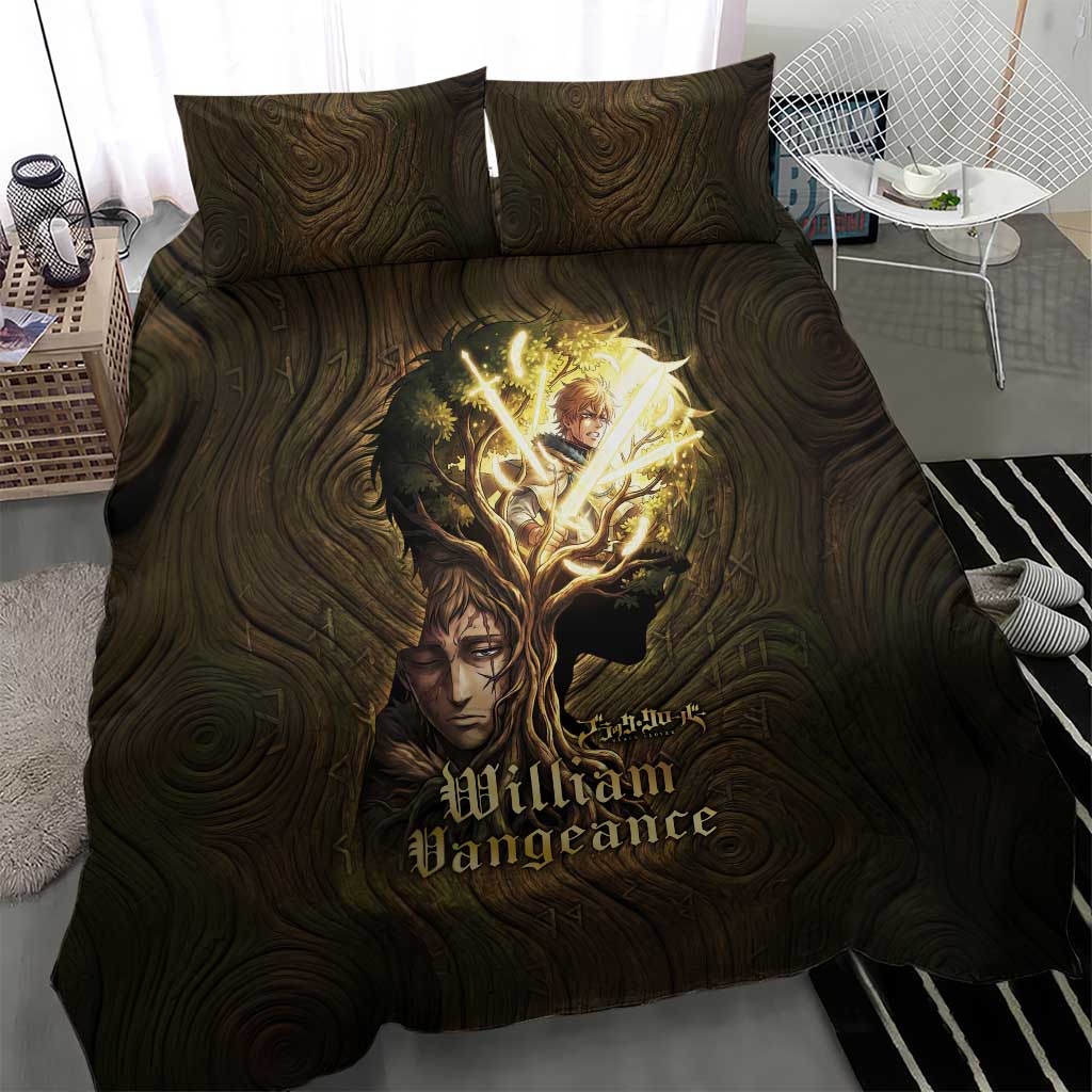William Vangeance Black Clover Bedding Set Enchanted Woodgrain Style with Duality and Golden Mask Motif