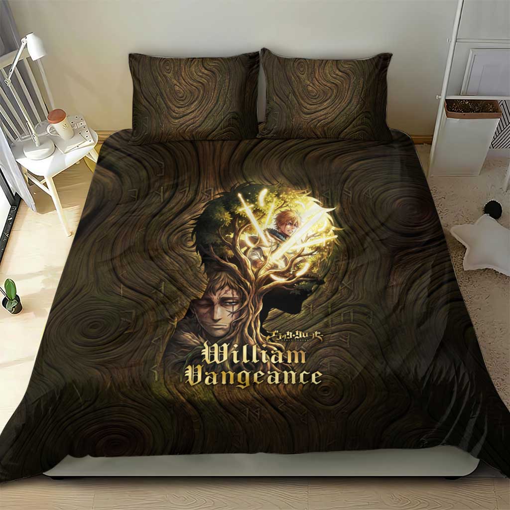 William Vangeance Black Clover Bedding Set Enchanted Woodgrain Style with Duality and Golden Mask Motif