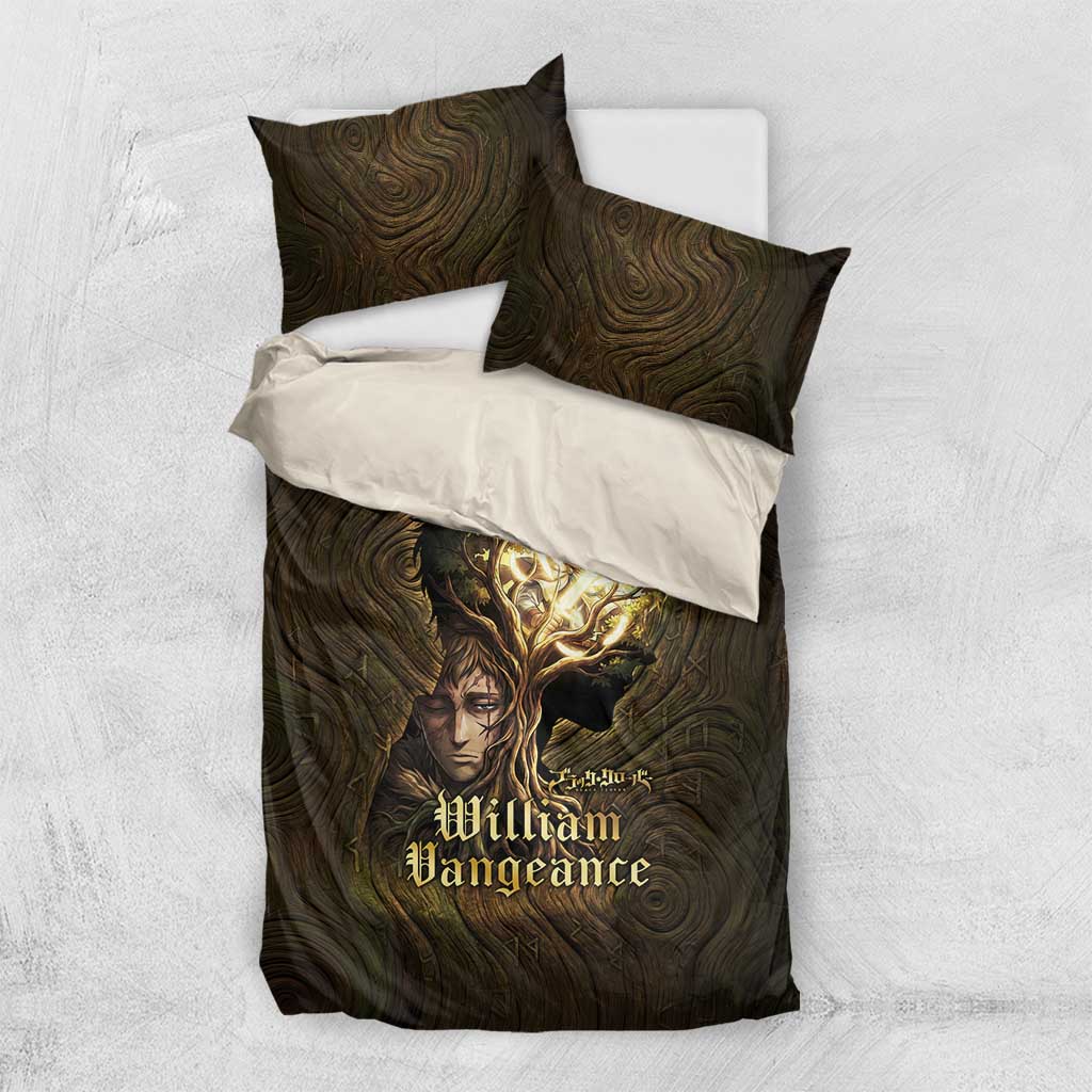William Vangeance Black Clover Bedding Set Enchanted Woodgrain Style with Duality and Golden Mask Motif