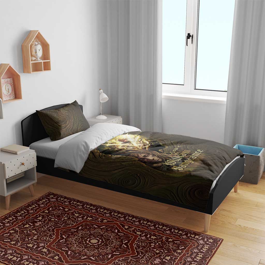 William Vangeance Black Clover Bedding Set Enchanted Woodgrain Style with Duality and Golden Mask Motif