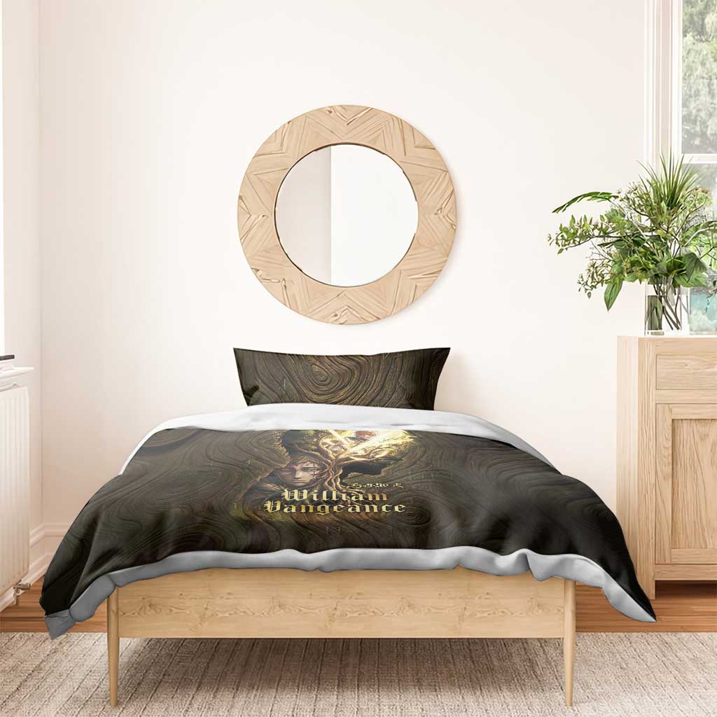 William Vangeance Black Clover Bedding Set Enchanted Woodgrain Style with Duality and Golden Mask Motif