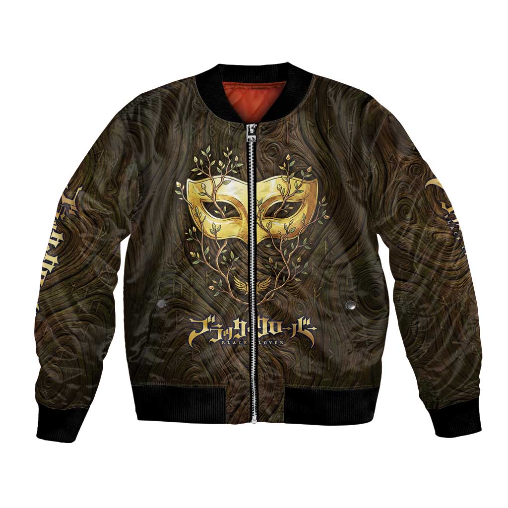 William Vangeance Black Clover Bomber Jacket Enchanted Woodgrain Style with Duality and Golden Mask Motif