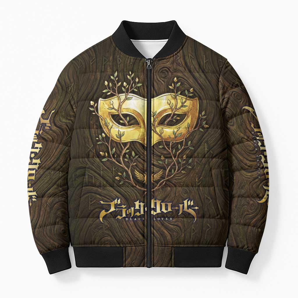 William Vangeance Black Clover Bomber Puffer Jacket Enchanted Woodgrain Style with Duality and Golden Mask Motif