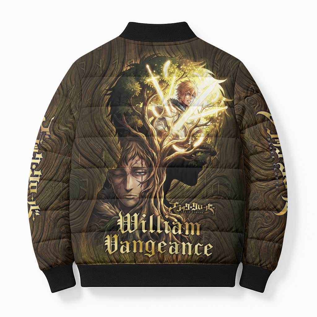 William Vangeance Black Clover Bomber Puffer Jacket Enchanted Woodgrain Style with Duality and Golden Mask Motif