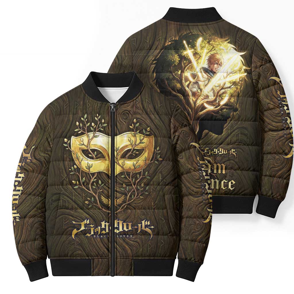 William Vangeance Black Clover Bomber Puffer Jacket Enchanted Woodgrain Style with Duality and Golden Mask Motif