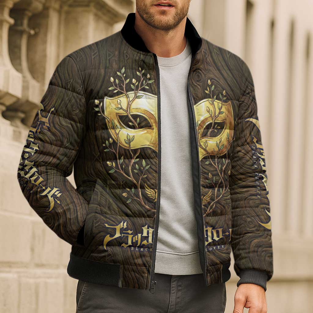 William Vangeance Black Clover Bomber Puffer Jacket Enchanted Woodgrain Style with Duality and Golden Mask Motif