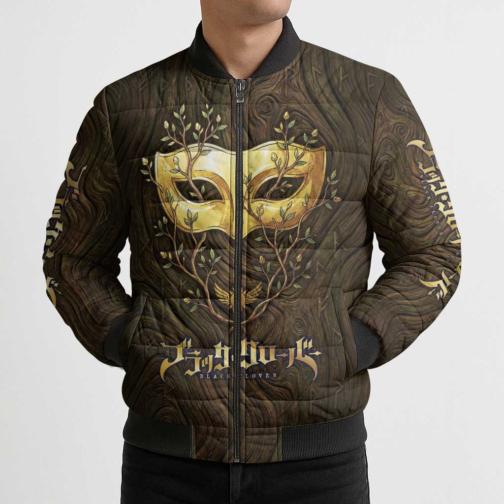 William Vangeance Black Clover Bomber Puffer Jacket Enchanted Woodgrain Style with Duality and Golden Mask Motif
