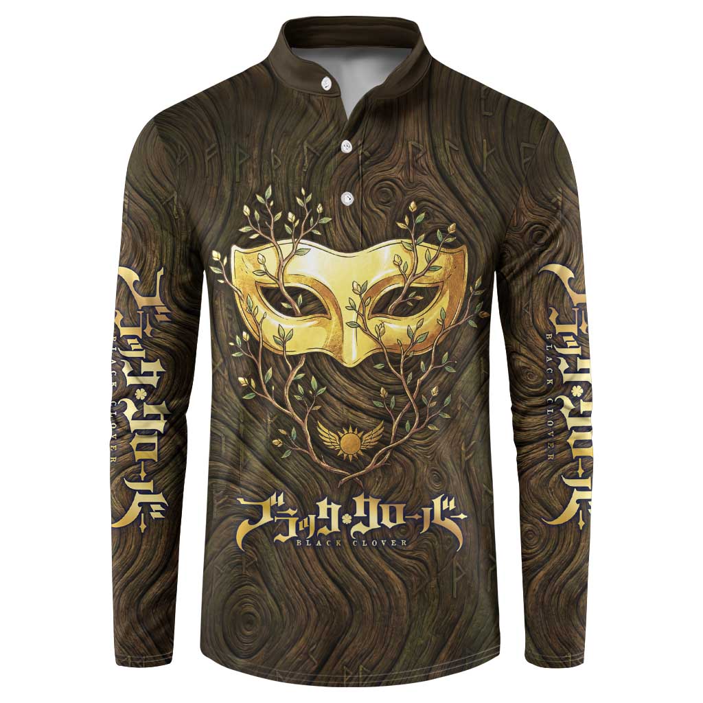 William Vangeance Black Clover Button Sweatshirt Enchanted Woodgrain Style with Duality and Golden Mask Motif