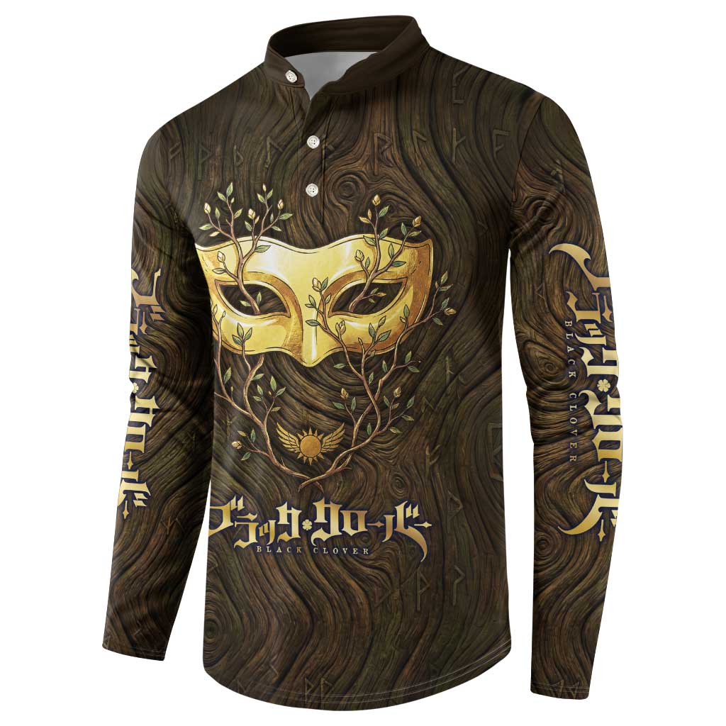 William Vangeance Black Clover Button Sweatshirt Enchanted Woodgrain Style with Duality and Golden Mask Motif