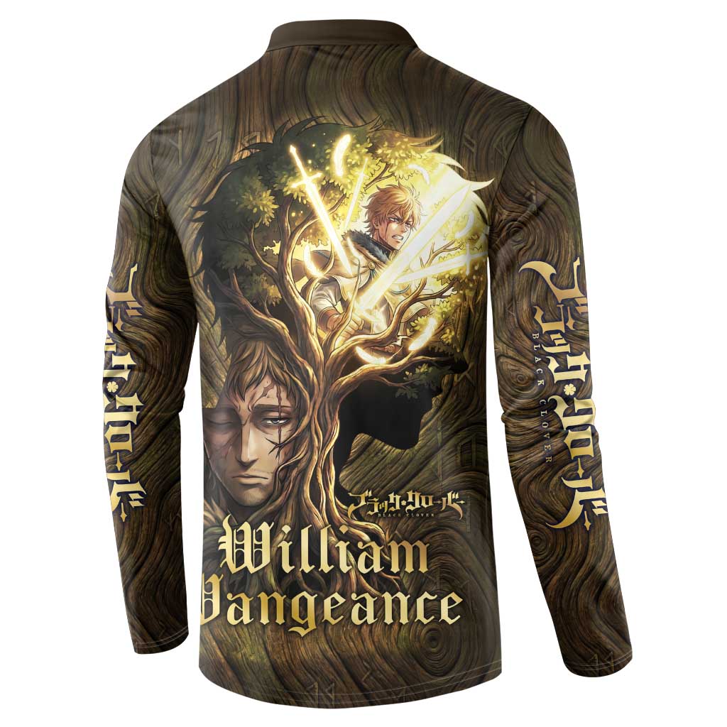 William Vangeance Black Clover Button Sweatshirt Enchanted Woodgrain Style with Duality and Golden Mask Motif