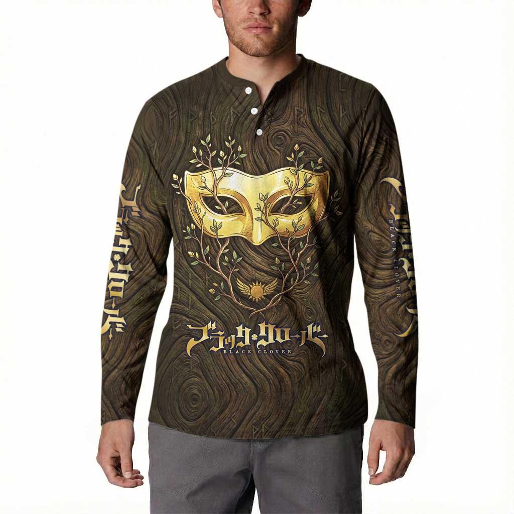 William Vangeance Black Clover Button Sweatshirt Enchanted Woodgrain Style with Duality and Golden Mask Motif