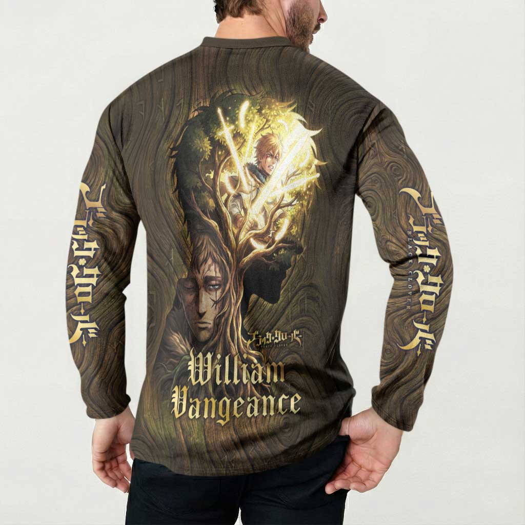 William Vangeance Black Clover Button Sweatshirt Enchanted Woodgrain Style with Duality and Golden Mask Motif