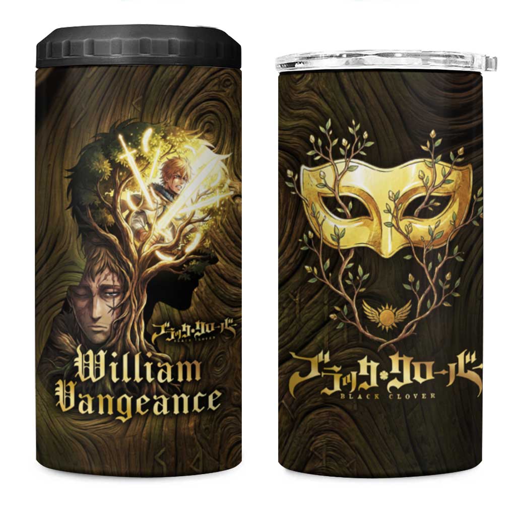 William Vangeance Black Clover 4 in 1 Can Cooler Tumbler Enchanted Woodgrain Style with Duality and Golden Mask Motif