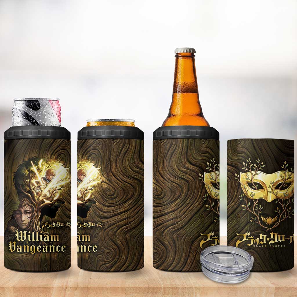 William Vangeance Black Clover 4 in 1 Can Cooler Tumbler Enchanted Woodgrain Style with Duality and Golden Mask Motif