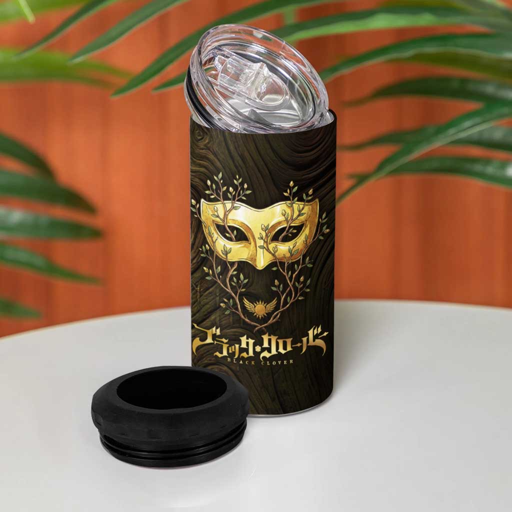 William Vangeance Black Clover 4 in 1 Can Cooler Tumbler Enchanted Woodgrain Style with Duality and Golden Mask Motif