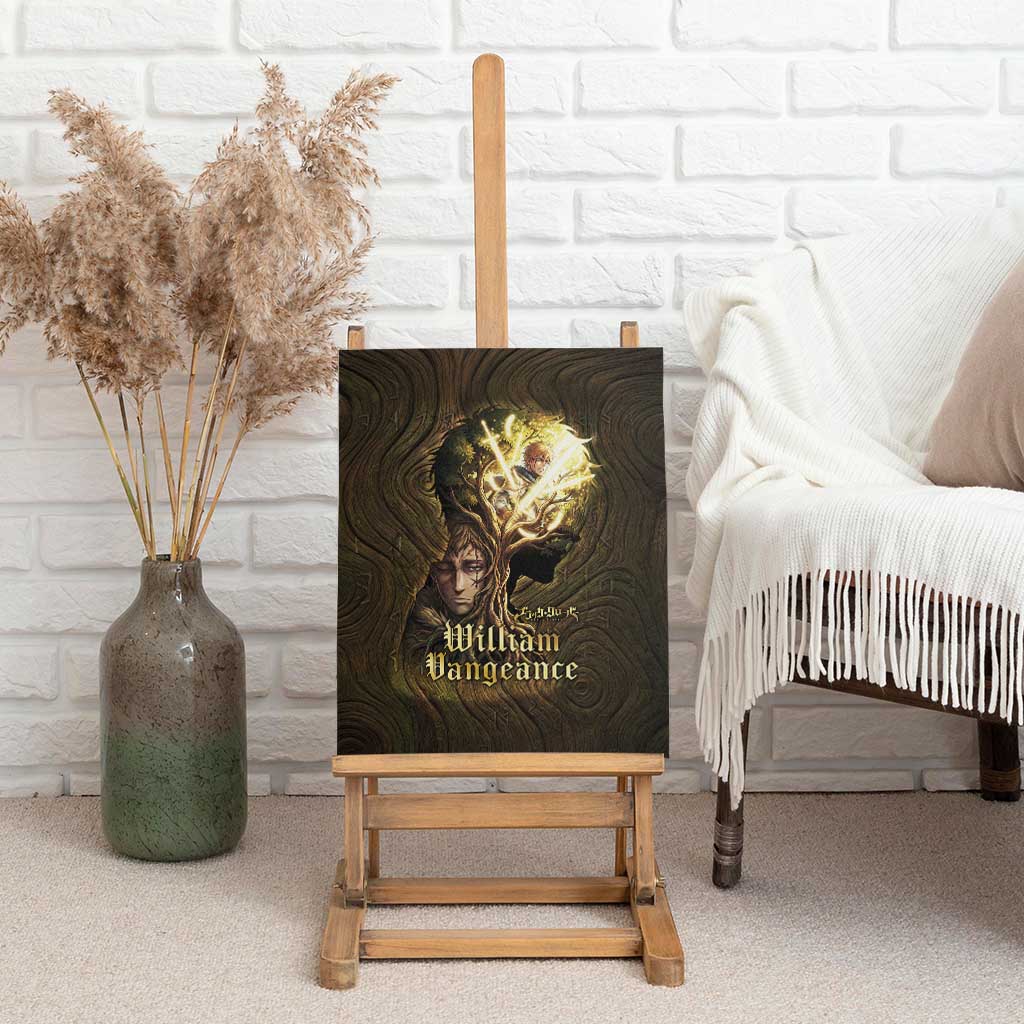William Vangeance Black Clover Canvas Wall Art Enchanted Woodgrain Style with Duality and Golden Mask Motif