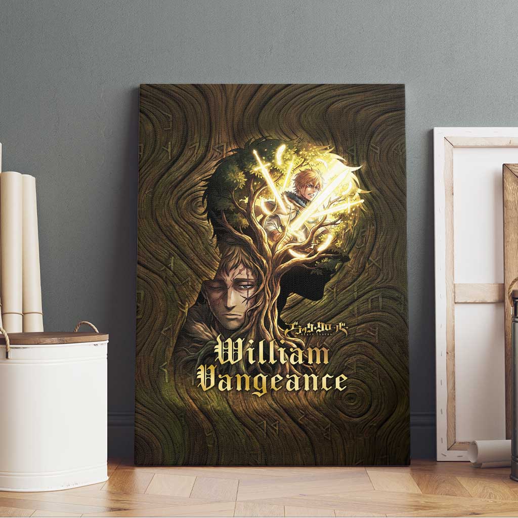 William Vangeance Black Clover Canvas Wall Art Enchanted Woodgrain Style with Duality and Golden Mask Motif