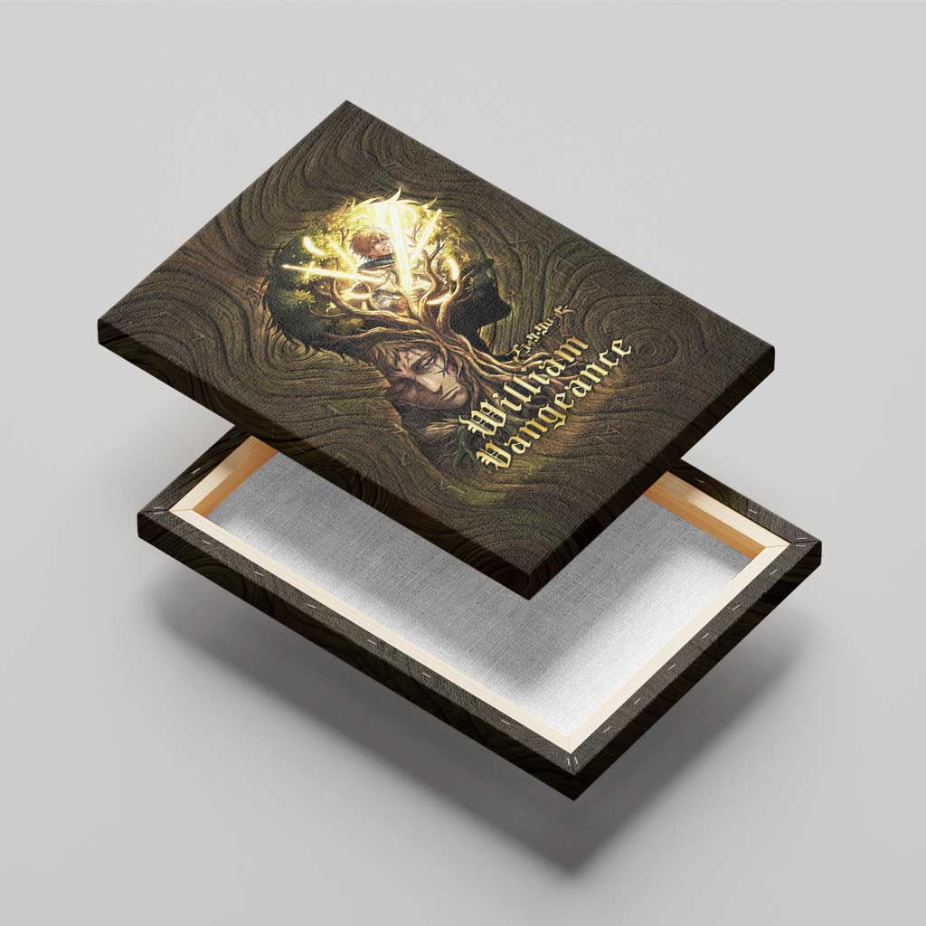 William Vangeance Black Clover Canvas Wall Art Enchanted Woodgrain Style with Duality and Golden Mask Motif