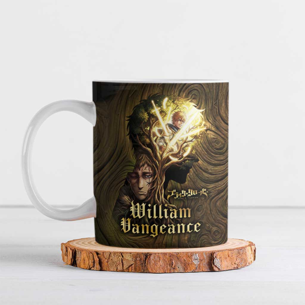 William Vangeance Black Clover Ceramic Mug Enchanted Woodgrain Style with Duality and Golden Mask Motif