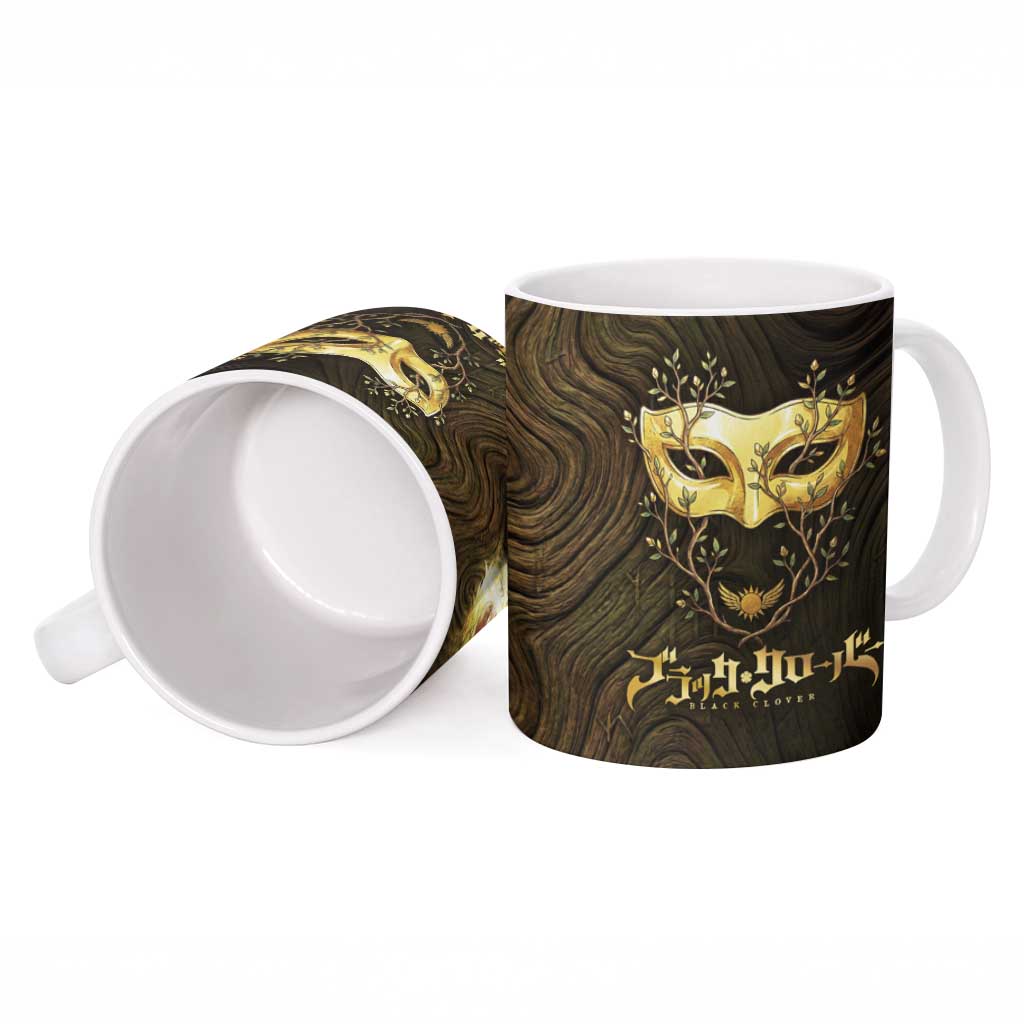 William Vangeance Black Clover Ceramic Mug Enchanted Woodgrain Style with Duality and Golden Mask Motif