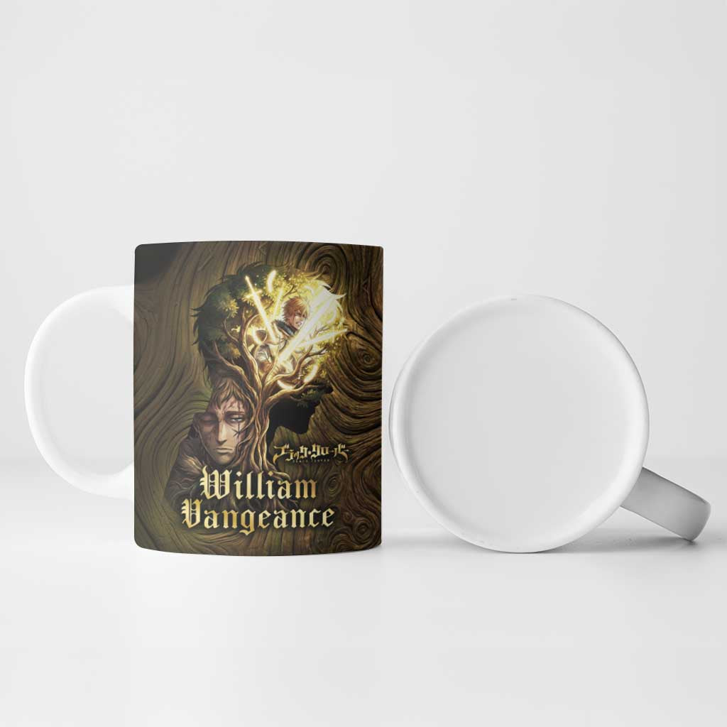 William Vangeance Black Clover Ceramic Mug Enchanted Woodgrain Style with Duality and Golden Mask Motif