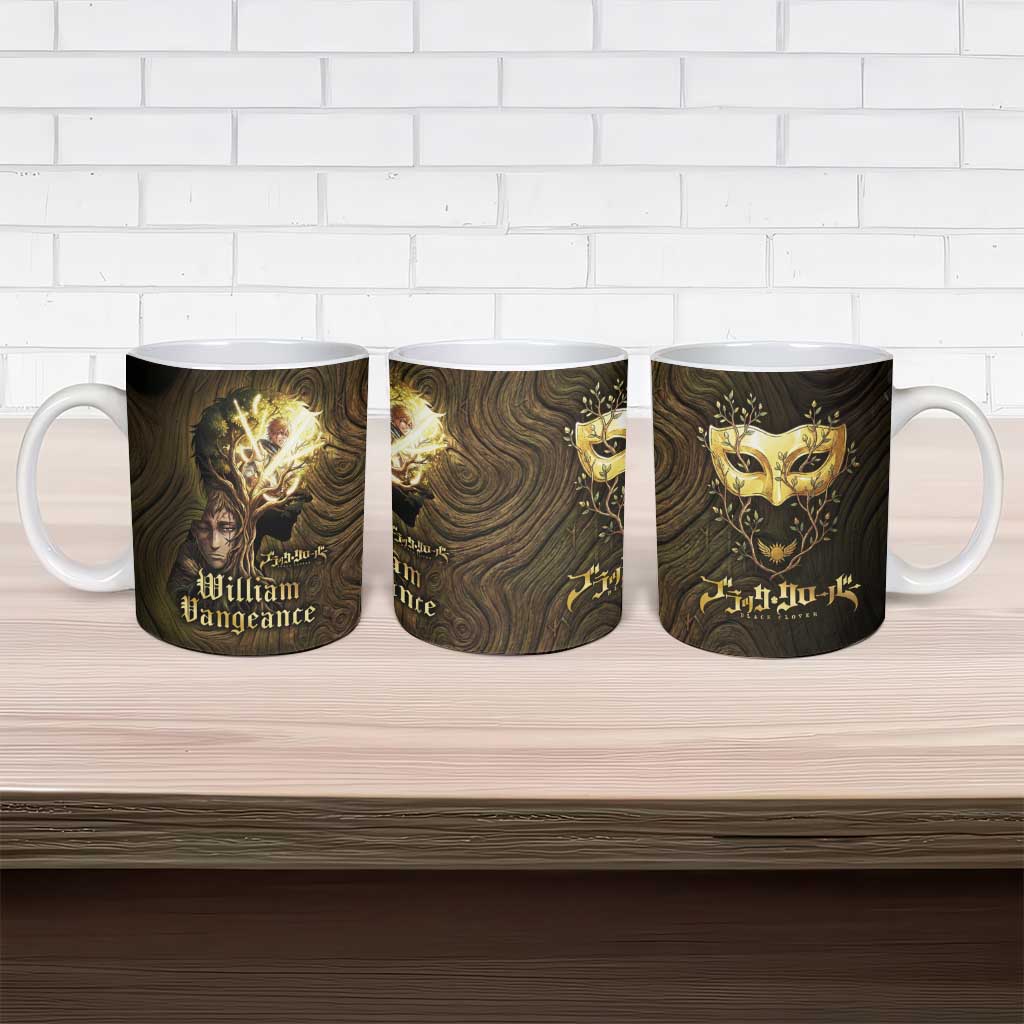 William Vangeance Black Clover Ceramic Mug Enchanted Woodgrain Style with Duality and Golden Mask Motif