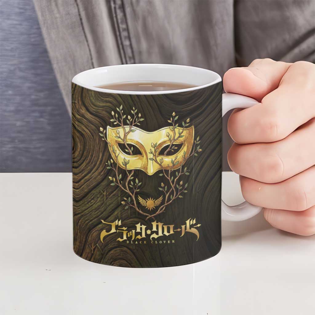 William Vangeance Black Clover Ceramic Mug Enchanted Woodgrain Style with Duality and Golden Mask Motif