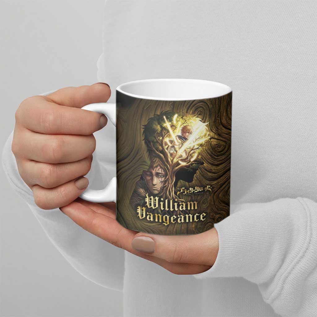 William Vangeance Black Clover Ceramic Mug Enchanted Woodgrain Style with Duality and Golden Mask Motif