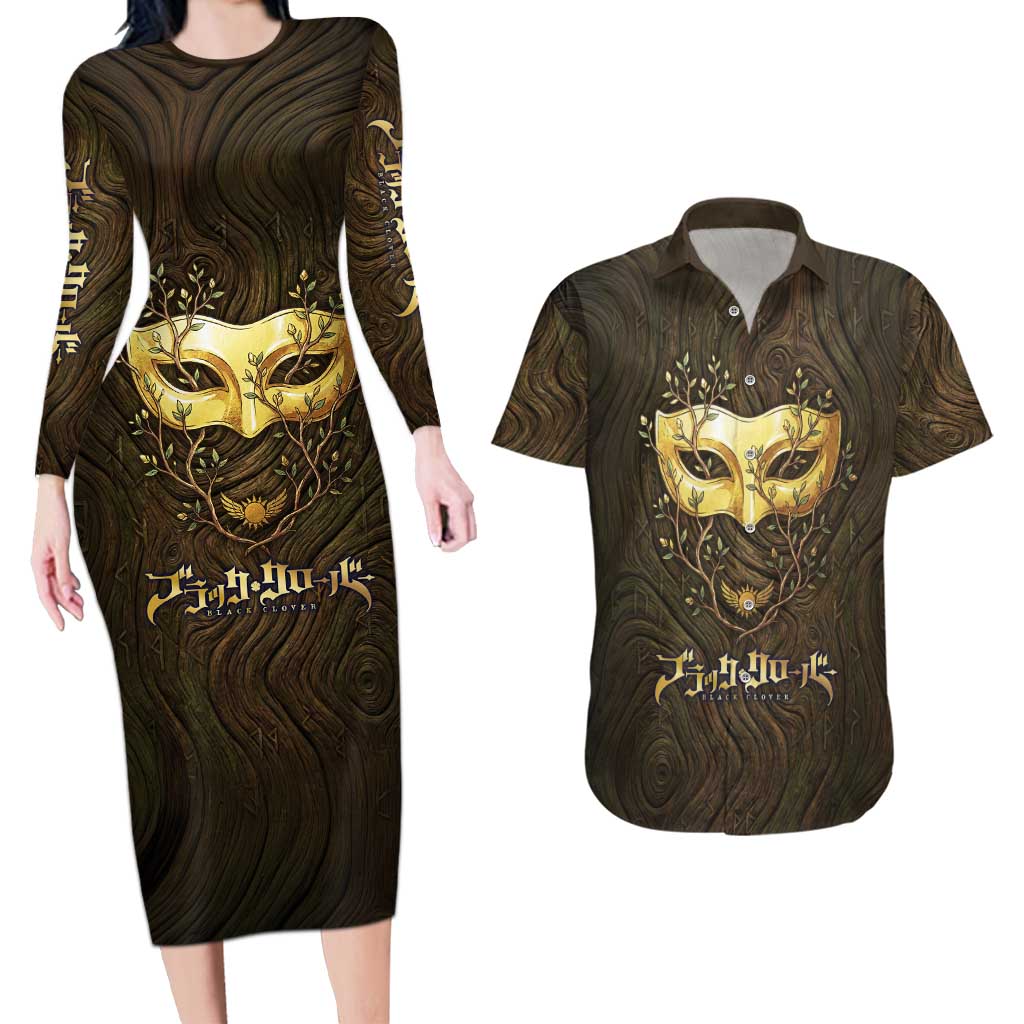 William Vangeance Black Clover Couples Matching Long Sleeve Bodycon Dress and Hawaiian Shirt Enchanted Woodgrain Style with Duality and Golden Mask Motif