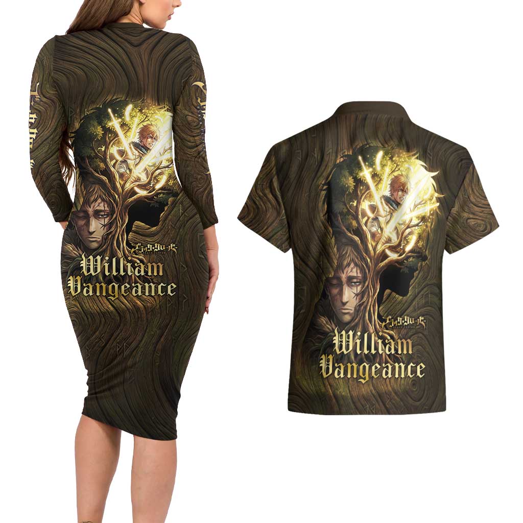 William Vangeance Black Clover Couples Matching Long Sleeve Bodycon Dress and Hawaiian Shirt Enchanted Woodgrain Style with Duality and Golden Mask Motif