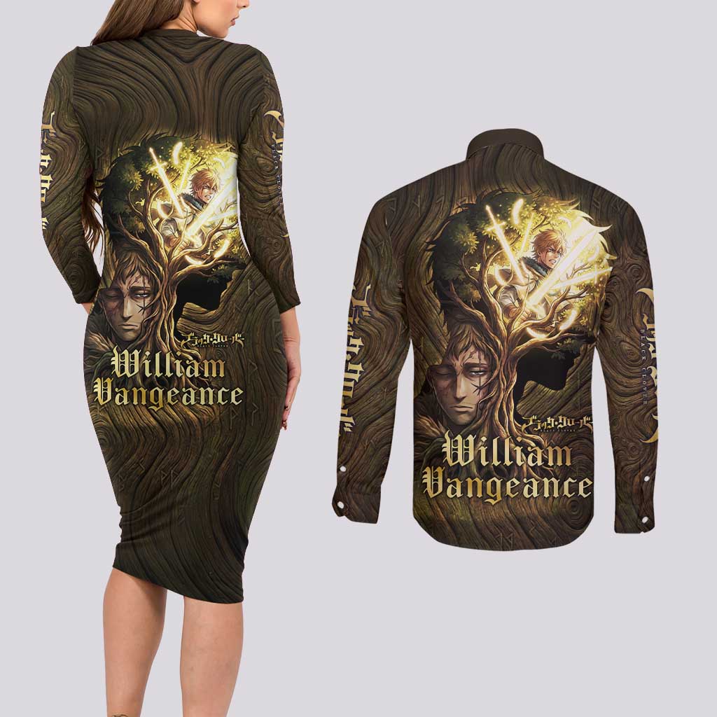 William Vangeance Black Clover Couples Matching Long Sleeve Bodycon Dress and Long Sleeve Button Shirt Enchanted Woodgrain Style with Duality and Golden Mask Motif