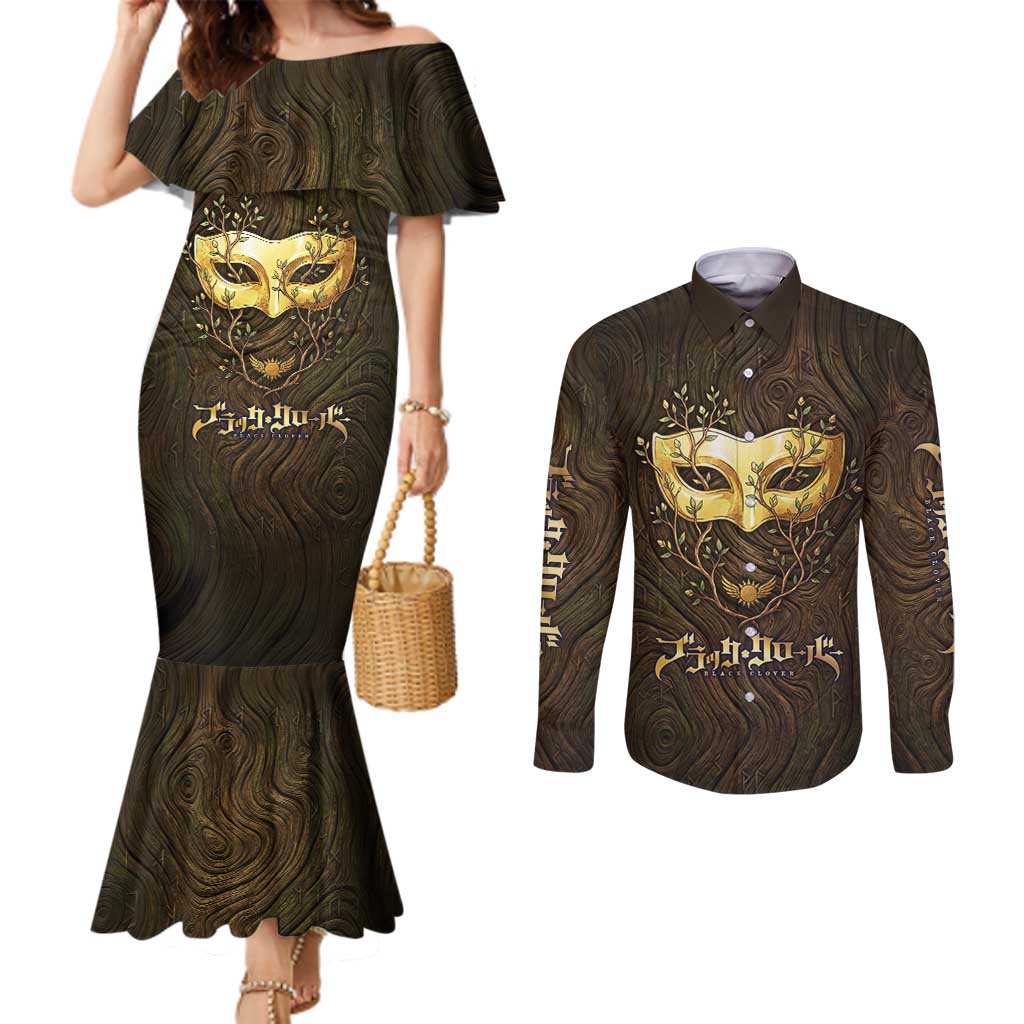 William Vangeance Black Clover Couples Matching Mermaid Dress and Long Sleeve Button Shirt Enchanted Woodgrain Style with Duality and Golden Mask Motif