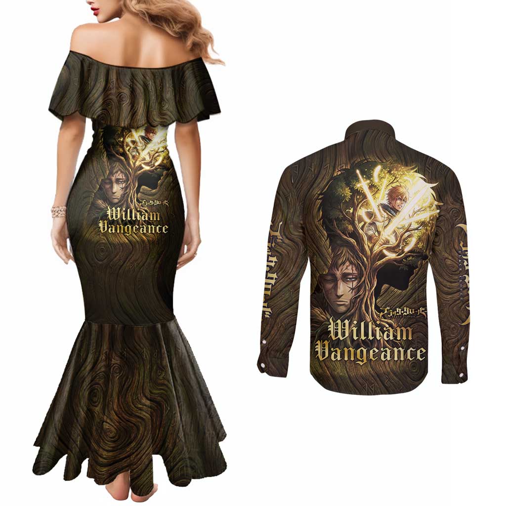 William Vangeance Black Clover Couples Matching Mermaid Dress and Long Sleeve Button Shirt Enchanted Woodgrain Style with Duality and Golden Mask Motif