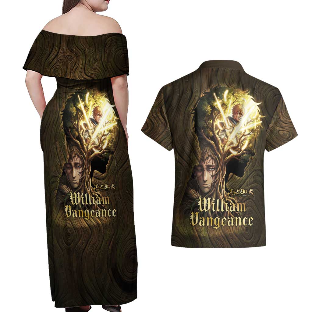 William Vangeance Black Clover Couples Matching Off Shoulder Maxi Dress and Hawaiian Shirt Enchanted Woodgrain Style with Duality and Golden Mask Motif