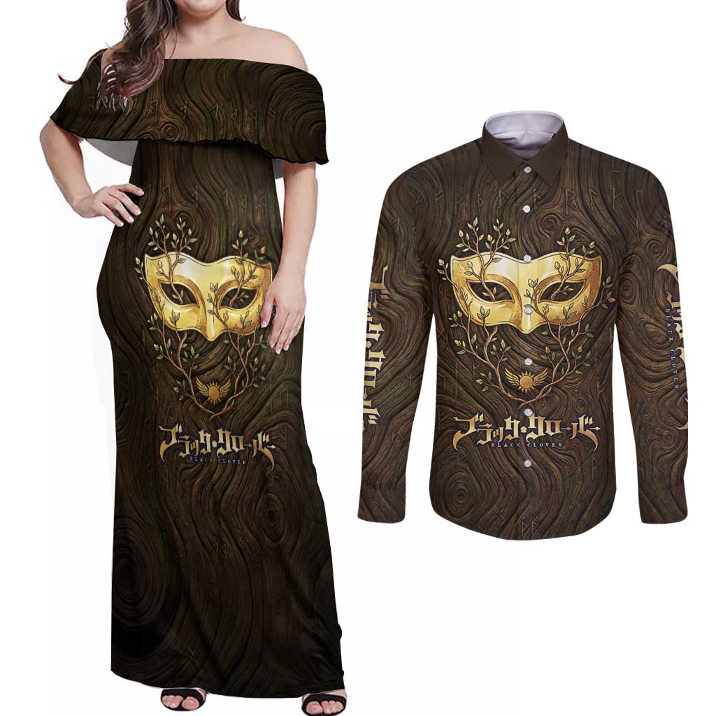 William Vangeance Black Clover Couples Matching Off Shoulder Maxi Dress and Long Sleeve Button Shirt Enchanted Woodgrain Style with Duality and Golden Mask Motif
