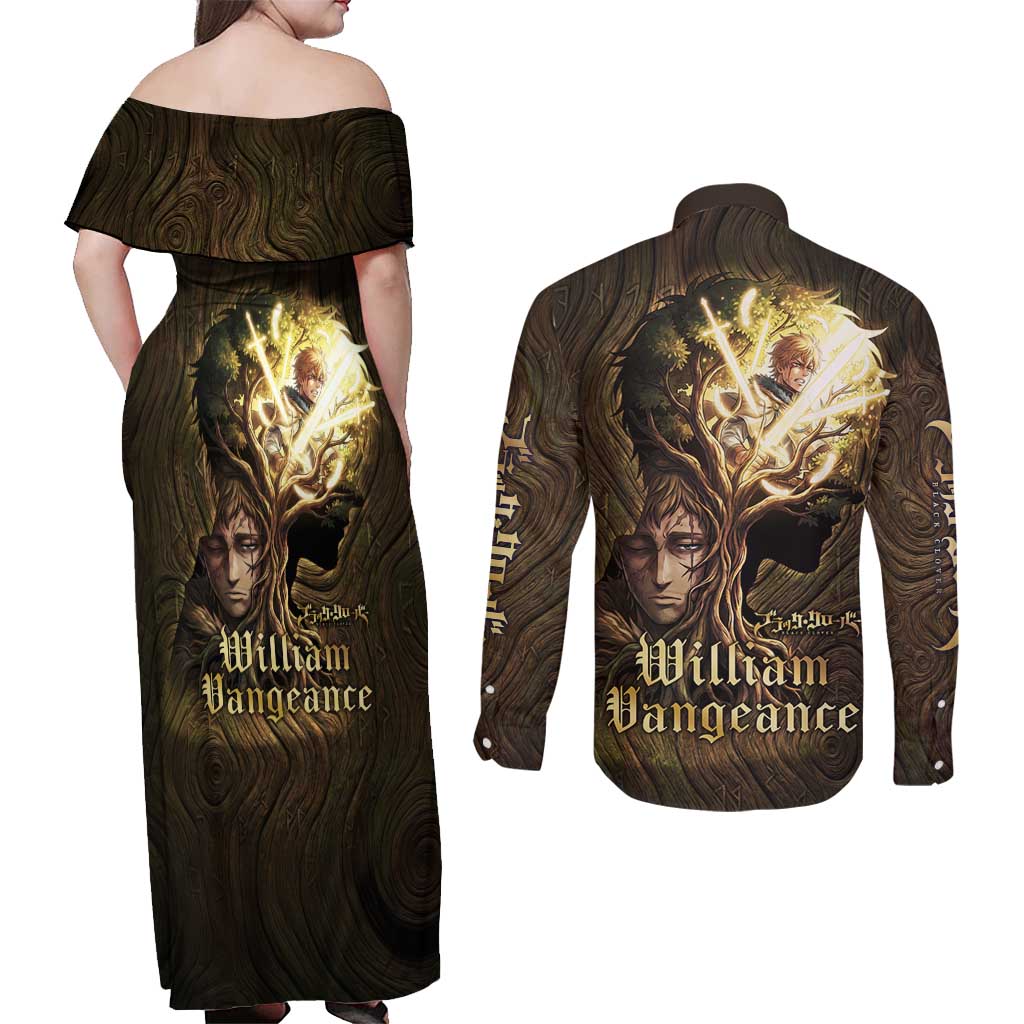 William Vangeance Black Clover Couples Matching Off Shoulder Maxi Dress and Long Sleeve Button Shirt Enchanted Woodgrain Style with Duality and Golden Mask Motif
