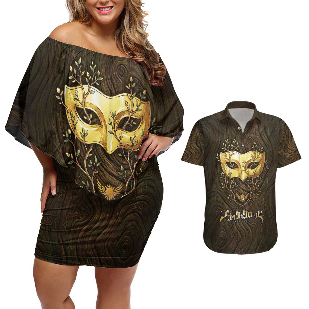 William Vangeance Black Clover Couples Matching Off Shoulder Short Dress and Hawaiian Shirt Enchanted Woodgrain Style with Duality and Golden Mask Motif