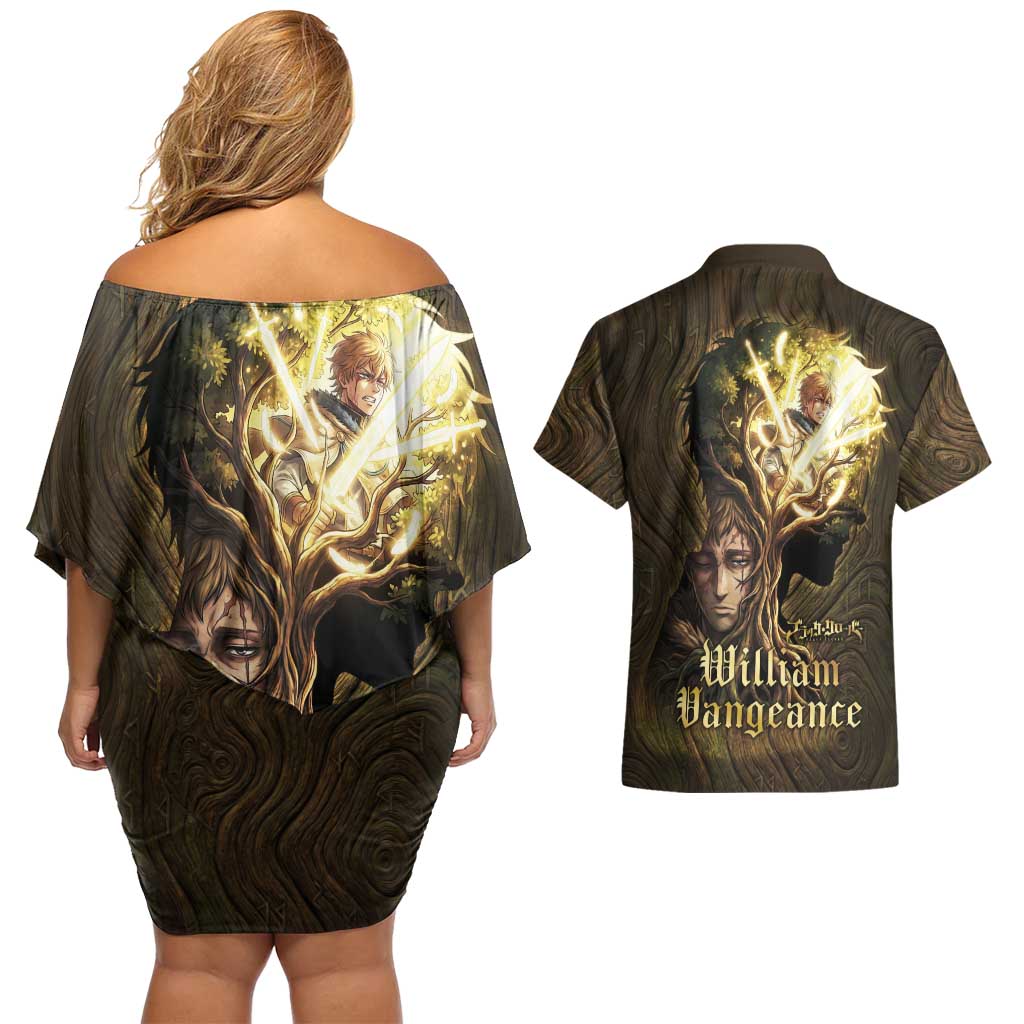 William Vangeance Black Clover Couples Matching Off Shoulder Short Dress and Hawaiian Shirt Enchanted Woodgrain Style with Duality and Golden Mask Motif