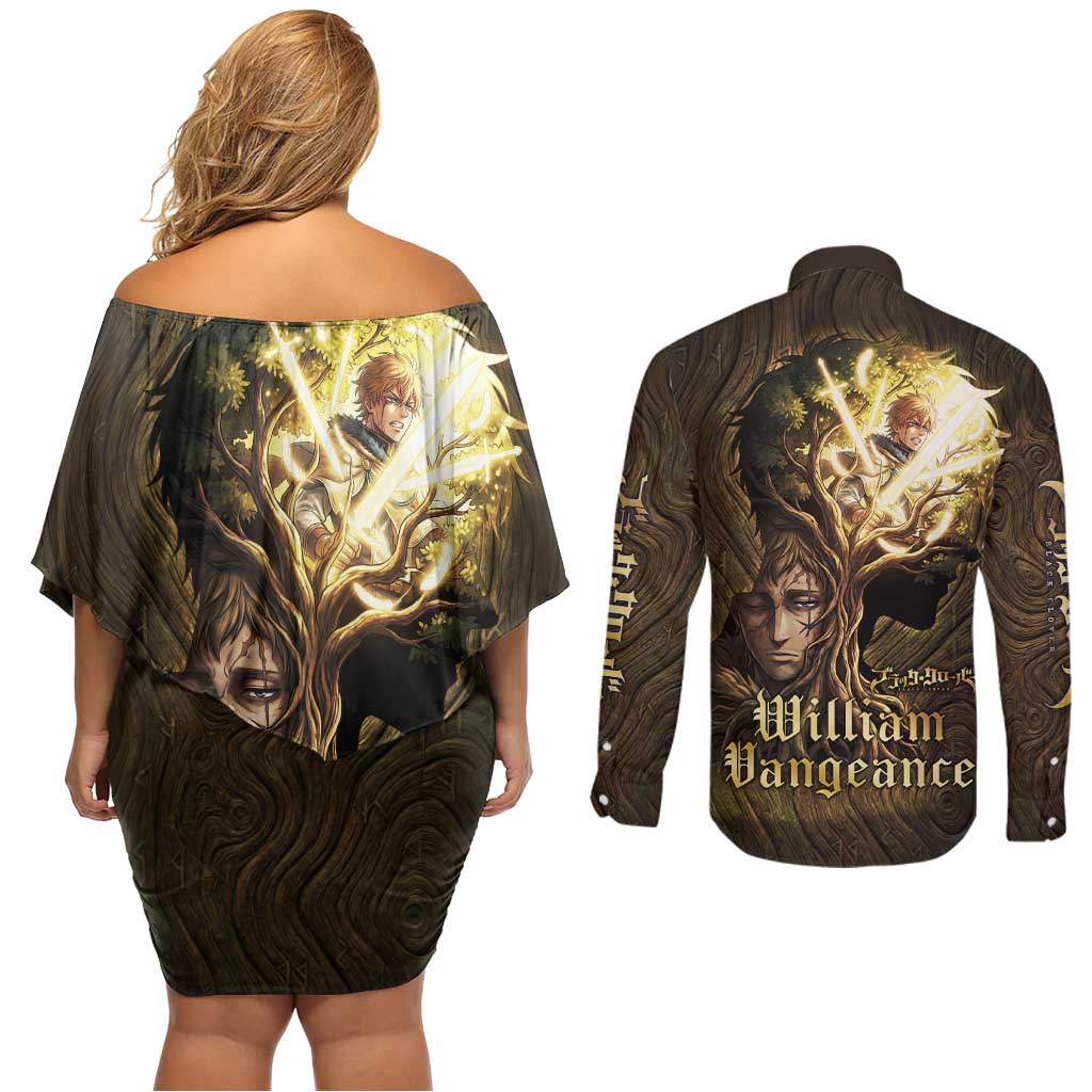 William Vangeance Black Clover Couples Matching Off Shoulder Short Dress and Long Sleeve Button Shirt Enchanted Woodgrain Style with Duality and Golden Mask Motif