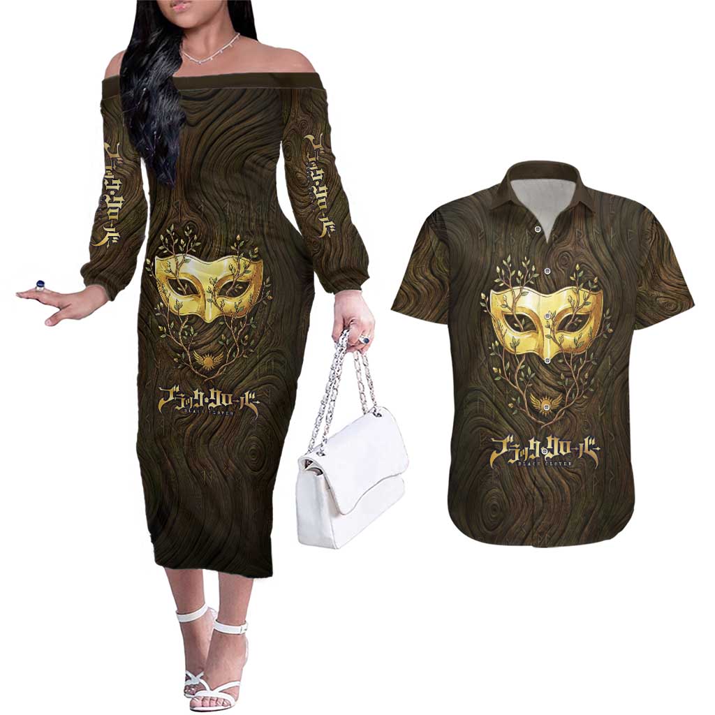 William Vangeance Black Clover Couples Matching Off The Shoulder Long Sleeve Dress and Hawaiian Shirt Enchanted Woodgrain Style with Duality and Golden Mask Motif