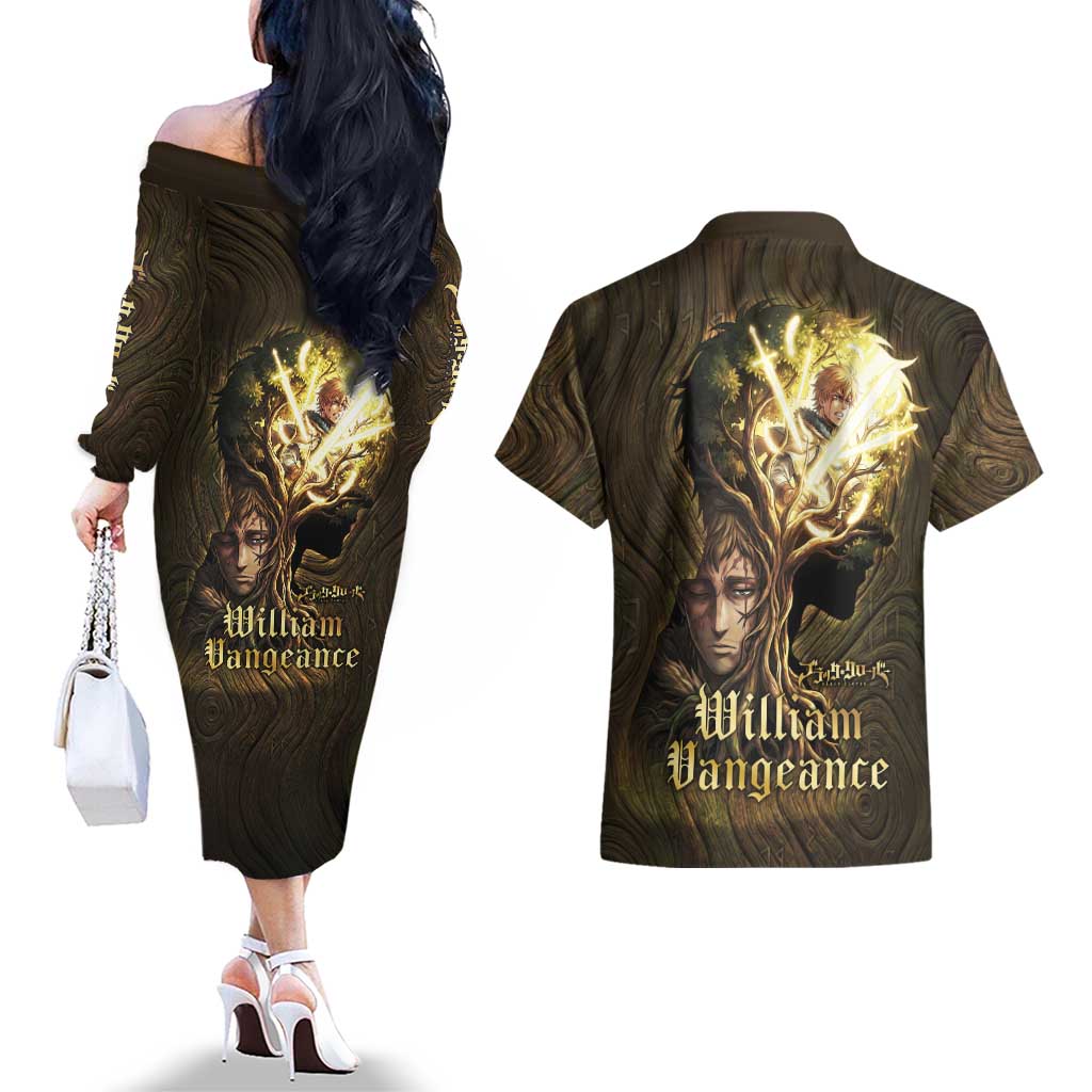 William Vangeance Black Clover Couples Matching Off The Shoulder Long Sleeve Dress and Hawaiian Shirt Enchanted Woodgrain Style with Duality and Golden Mask Motif