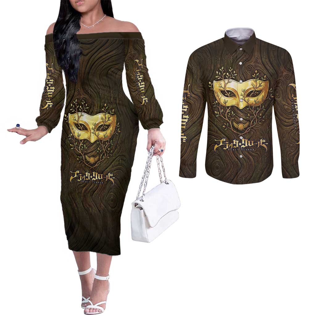 William Vangeance Black Clover Couples Matching Off The Shoulder Long Sleeve Dress and Long Sleeve Button Shirt Enchanted Woodgrain Style with Duality and Golden Mask Motif