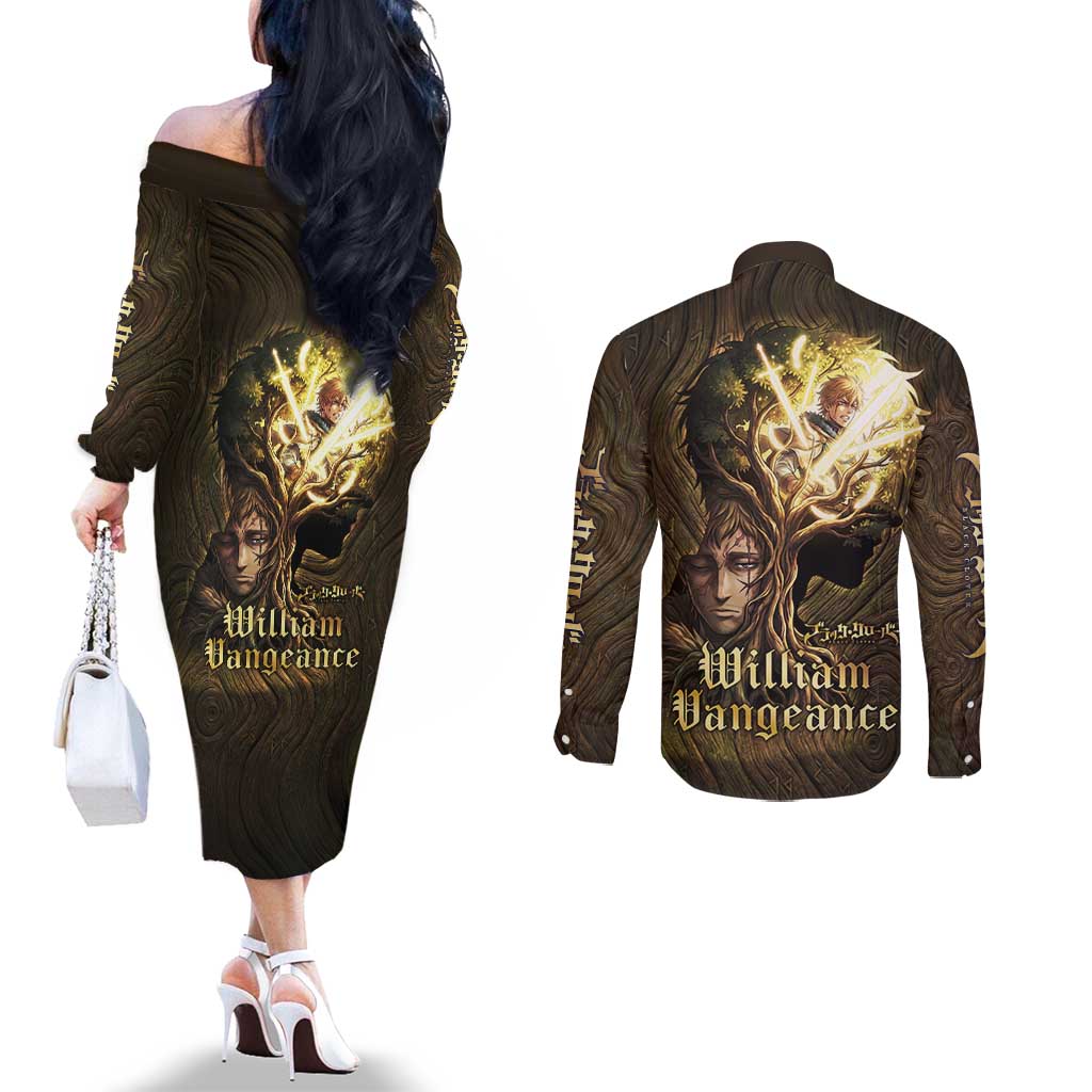 William Vangeance Black Clover Couples Matching Off The Shoulder Long Sleeve Dress and Long Sleeve Button Shirt Enchanted Woodgrain Style with Duality and Golden Mask Motif