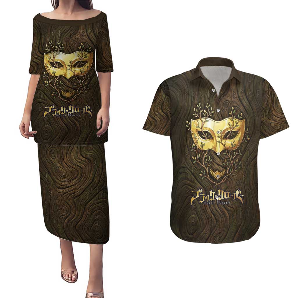 William Vangeance Black Clover Couples Matching Puletasi and Hawaiian Shirt Enchanted Woodgrain Style with Duality and Golden Mask Motif