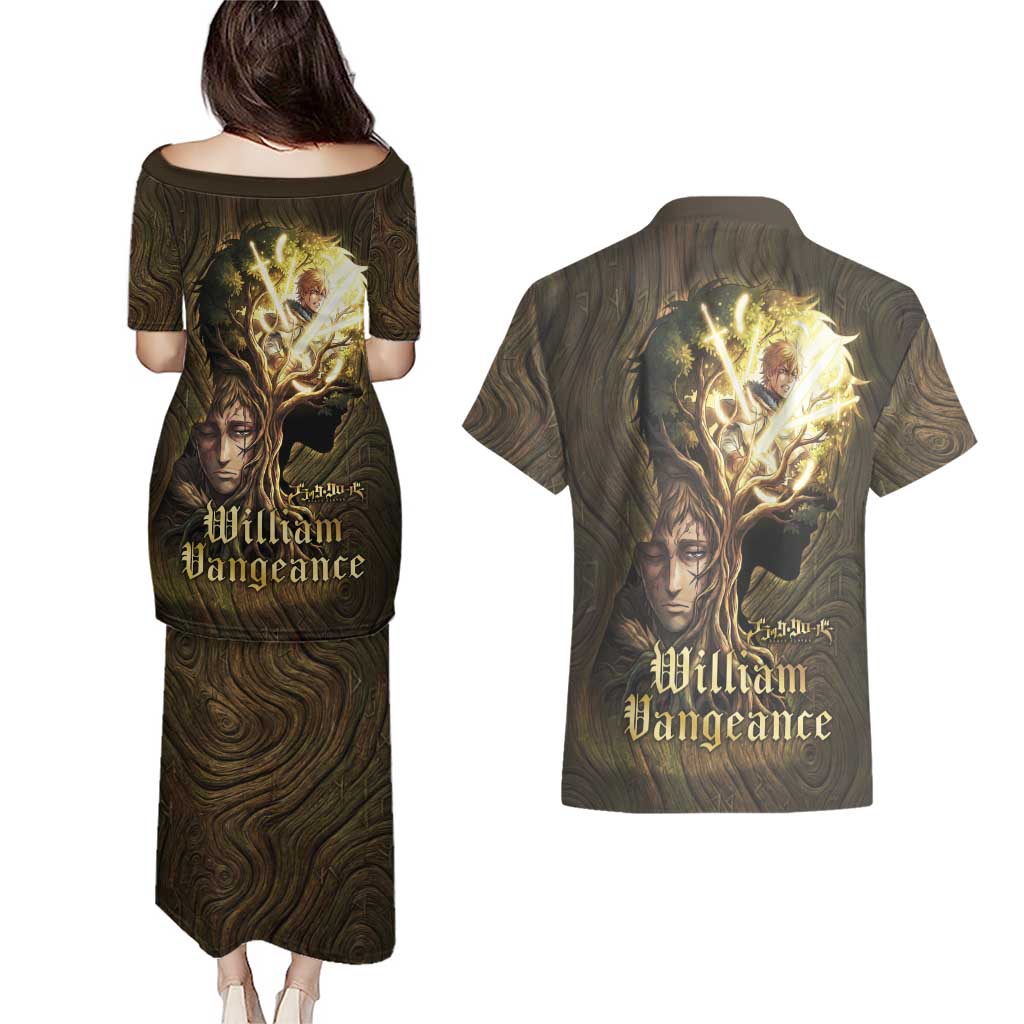 William Vangeance Black Clover Couples Matching Puletasi and Hawaiian Shirt Enchanted Woodgrain Style with Duality and Golden Mask Motif