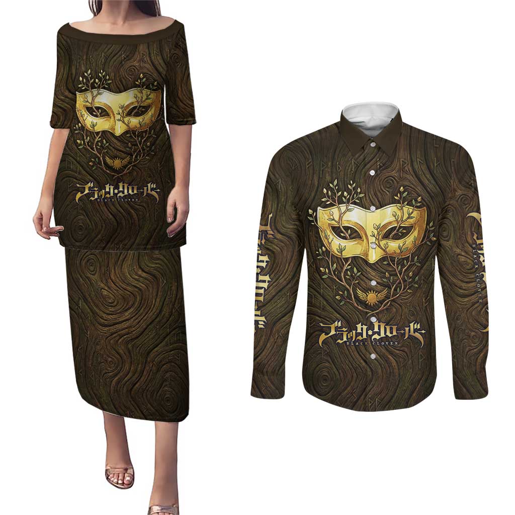 William Vangeance Black Clover Couples Matching Puletasi and Long Sleeve Button Shirt Enchanted Woodgrain Style with Duality and Golden Mask Motif