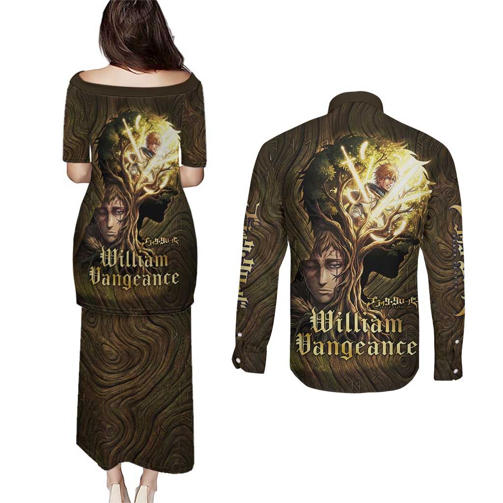 William Vangeance Black Clover Couples Matching Puletasi and Long Sleeve Button Shirt Enchanted Woodgrain Style with Duality and Golden Mask Motif