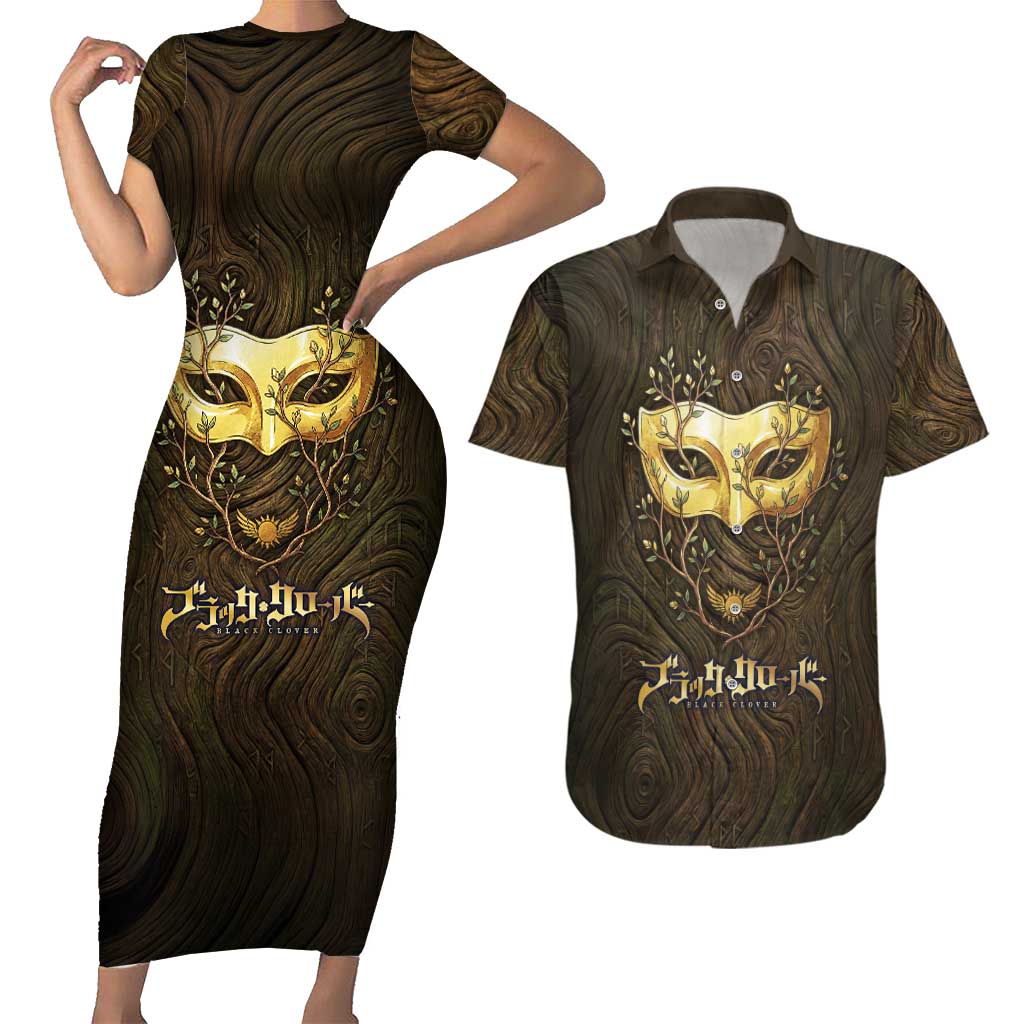 William Vangeance Black Clover Couples Matching Short Sleeve Bodycon Dress and Hawaiian Shirt Enchanted Woodgrain Style with Duality and Golden Mask Motif