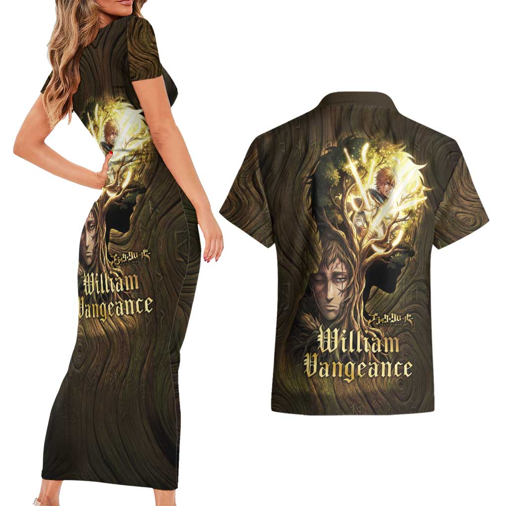 William Vangeance Black Clover Couples Matching Short Sleeve Bodycon Dress and Hawaiian Shirt Enchanted Woodgrain Style with Duality and Golden Mask Motif